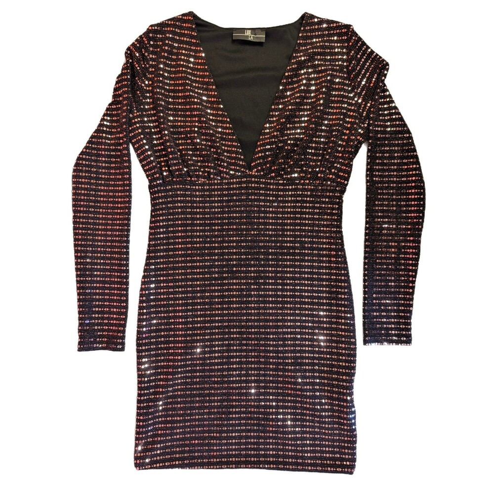 Women's LUX LA Long Sleeve Sequin Mini Dress Black Gold Medium Club Party Glam